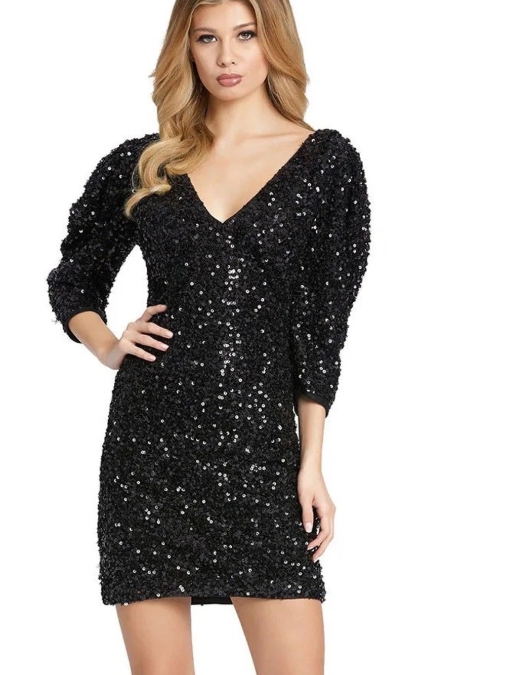 MacDuggal🌹Black Sequin V-Neck Cocktail Dress